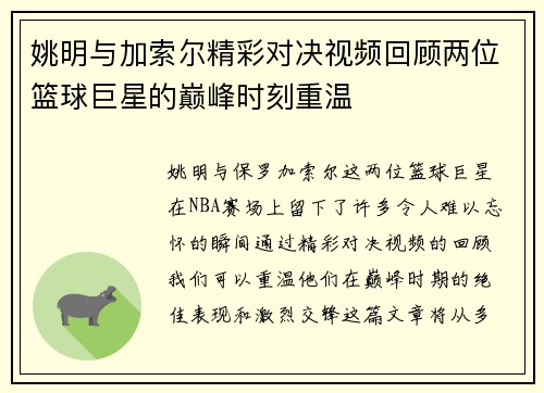 姚明与加索尔精彩对决视频回顾两位篮球巨星的巅峰时刻重温
