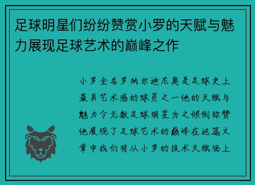 足球明星们纷纷赞赏小罗的天赋与魅力展现足球艺术的巅峰之作